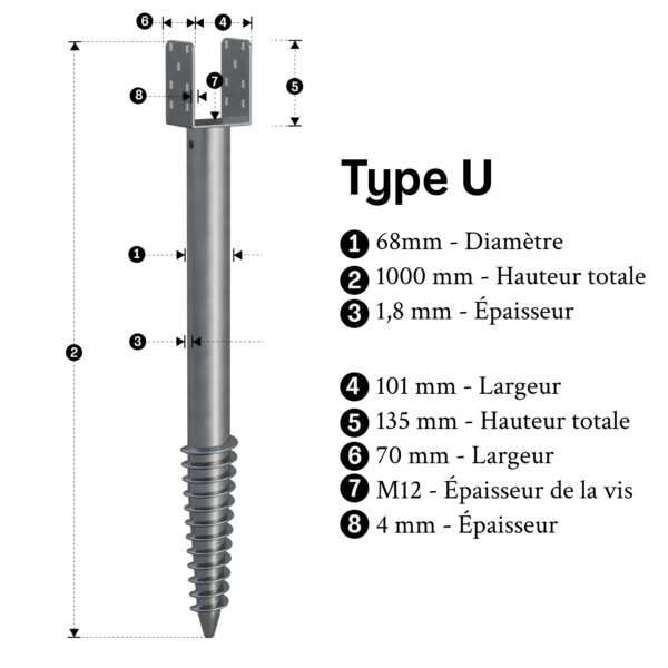 pieu vissé u 1000mm inf
