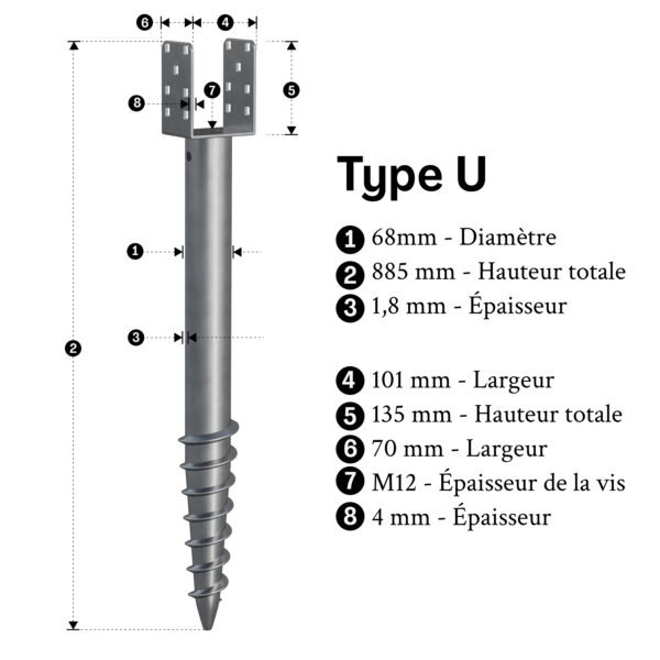 pieu vissé u 885mm inf